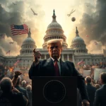 Donald Trump w garniturze i czerwonym krawacie, stojący przy mównicy przed Kapitollem Stanów Zjednoczonych, trzymający palec wskazujący w górę, na tle tłumu protestujących i nieba z zachodzącym słońcem.