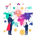 Ilustracja przedstawiająca dwie postacie biznesowe na tle mapy świata z ikonami symbolizującymi kryptowaluty, technologie i globalne połączenia.
