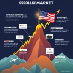 Nagłówek "SSSOLLKL MARKET" nad ilustracją przedstawiającą wykres giełdowy na tle amerykańskiej flagi i krajobrazu górskiego z samolotami i punktami danych.
