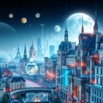 Obraz przedstawia panoramiczny widok miasta nocą z widocznym pełnym księżycem, drapaczami chmur i architekturą w stylu europejskim. Na pierwszym planie widać budynki z oświetlonymi oknami i neonowymi akcentami. W powietrzu unoszą się planety i wykresy finansowe, sugerujące związek między kosmosem a finansami lub przyszłością. Drogi są oświetlone światłami samochodów, tworząc efekt długiej ekspozycji. Ogólna atmosfera jest futurystyczna i lekko surrealistyczna.