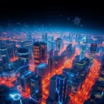 Widok z lotu ptaka na nowoczesne miasto nocą, z drapaczami chmur oświetlonymi neonowymi światłami i futurystycznymi liniami danych łączącymi budynki.