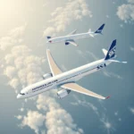 Dwa samoloty lecące obok siebie na tle nieba z chmurami, jeden to Airbus A350 Air France-KLM w kolorze białym z błękitnymi i złotymi detalami, a drugi to SAS w kolorze białym z niebieskim logo na ogonie.