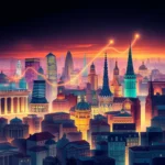 Ilustracja przedstawiająca panoramę miasta w nocy z widocznymi drapaczami chmur i zabytkowymi budynkami, oświetlonymi ciepłym, żółto-pomarańczowym światłem. Nad miastem przebiega połączony liniami świetlnymi wykres, sugerujący wzrost lub postęp.