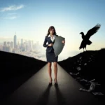Bizneswoman w garniturze stoi na drodze, trzymając połamaną tarczę, podczas gdy silhouette orła zrzuca pieniądze po jej prawej stronie, a w oddali widać panoramę miasta.