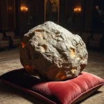 Ogromny meteoryt o szorstkiej, nierównej powierzchni, oświetlony od wewnątrz, spoczywa na aksamitnej, czerwonej poduszce. W tle widać bogato zdobione wnętrze, prawdopodobnie salon lub galerię, z obrazami na ścianach i stylowymi meblami.