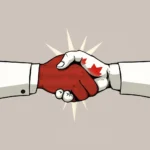 Ilustracja przedstawiająca dłoń z flagą Kanady i dłoń z flagą Australii ściskające się nawzajem.