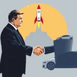 Mężczyzna w czarnym garniturze ściska dłoń innej osoby, podczas gdy w tle rakieta startuje na tle pomarańczowej tarczy słońca, a przed nią znajdują się dwa samochody.