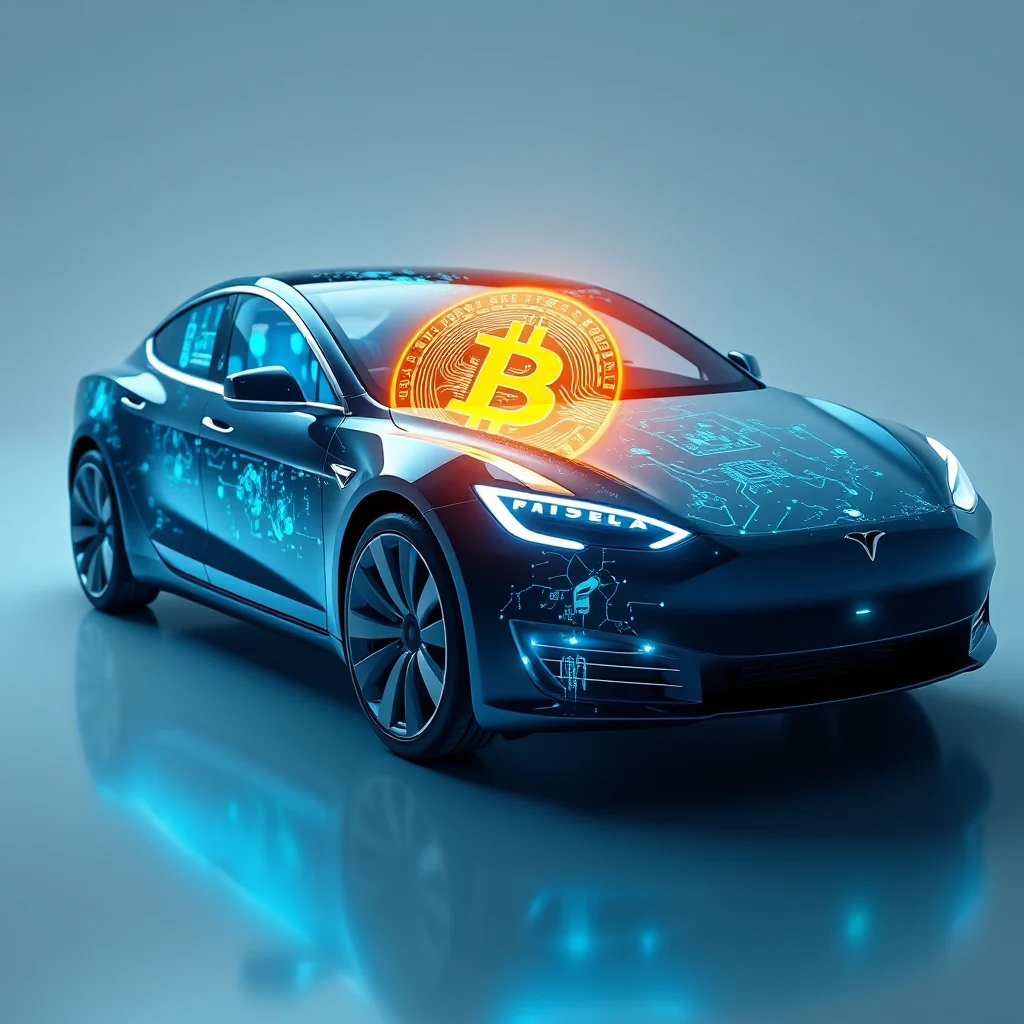 Cyberpunkowy samochód elektryczny z logo Bitcoin na masce i cyfrowymi obwodami na karoserii.