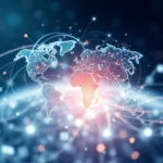 Cyfrowa mapa świata z liniami łączącymi różne kontynenty i punkty, przedstawiająca sieć globalnych połączeń.