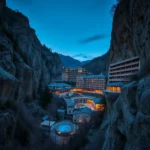 Architektoniczny kompleks budynków hotelowych z wieloma oknami i tarasami, zbudowany w środku skalistego wąwozu, oświetlony ciepłym blaskiem wnętrz, a na nocnym niebie widać sierp księżyca.