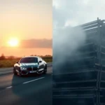 Split image: On the left, a sleek, dark grey BMW coupe drives on a road towards a vibrant orange sunset. On the right, a dimly lit, unfinished building structure is shrouded in mist or smoke.