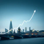 Wzrostowy wykres finansowy biegnący nad panoramą Londynu nocą.