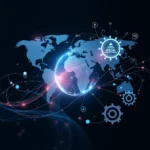 Niebieska mapa świata z globusem w środku, otoczona świecącymi liniami i ikonami, symbolizującymi globalną sieć i technologię.