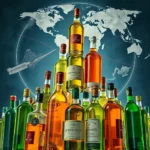 Wiele butelek z alkoholami ustawionych w piramidę na tle szkicowej mapy świata z liniami łączącymi kontynenty i grafiką statku kosmicznego oraz dźwigu.