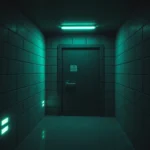 Korytarz wykonany z zielonych cegieł, oświetlony zieloną lampą fluorescencyjną na suficie i dwiema zielonymi lampkami na ścianie, prowadzący do ciemnych drzwi z tabliczką "ENTRY".