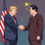Donald Trump i Xi Jinping ściskają sobie dłonie na tle flag USA i Chin oraz wykresów giełdowych.