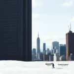 Człowiek w ciemnym ubraniu spaceruje po pokrytym śniegiem dachu z widokiem na nowojorski krajobraz z wieżą Empire State Building i innymi drapaczami chmur.