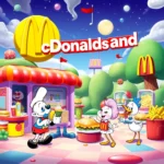 Uśmiechnięte postacie z kreskówki w strojach służbowych McDonalda stoją przed stoiskiem z jedzeniem na tle bajkowego krajobrazu.