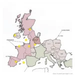 Mapa Europy z zaznaczonymi regionami i miastami, z których kilka jest wyróżnionych gwiazdkami.