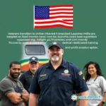 Trzech ludzi w mundurach, w tym jeden w koszulce z logo organizacji non-profit na tle flagi Stanów Zjednoczonych i napisu "Veterans transition to civilian".