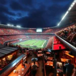 Widok z lotu ptaka na zapełniony stadion piłkarski podczas wieczornego meczu, z tysiącami kibiców w pomarańczowych strojach dopingujących drużynę na zielonej murawie. Na pierwszym planie widoczne są eleganckie loże VIP z wygodnymi fotelami i stołami, gdzie widzowie mogą delektować się posiłkami i napojami, obserwując jednocześnie grę na dużym ekranie.